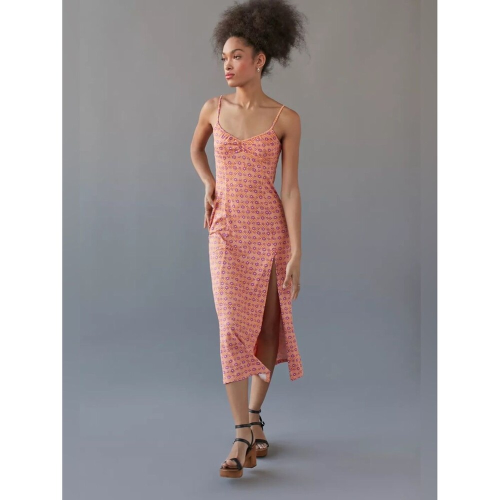 Urban Outfitters Arna Floral Midi Slip Dress Orange Purple Retro Boho Size L